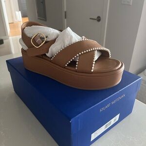 Stuart Weitzman Brown Sandals with Pearl Accents
